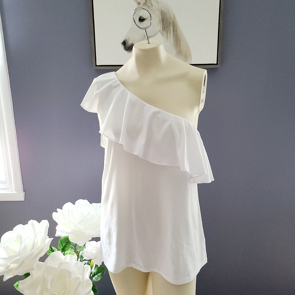 Banana Republic One Shoulder Ruffle White Cotton Top